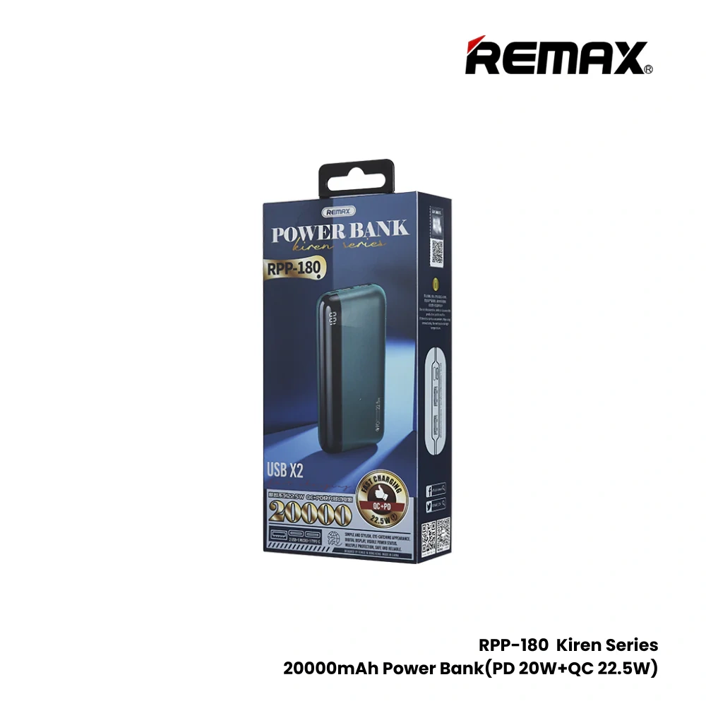REMAX RPP-180 20000MAH KIREN SERIES 22.5W PD+QC POWER BANK (INPUT-MICRO/OUTPUT-2USB) (TYPE-C IN/OUT)